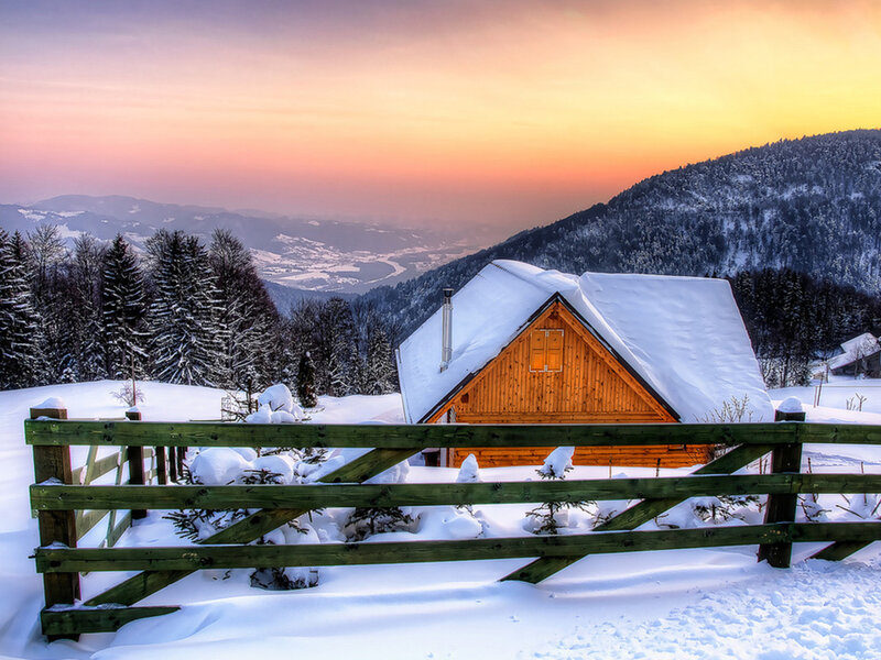 Snow-covered Cabin — White, Serene, Winter, Photograph, Mountains