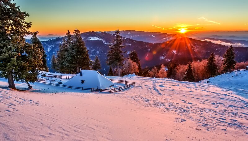 Snow-covered Cabin — White, Serene, Winter, Photograph, Mountains, Trees, Sunrise