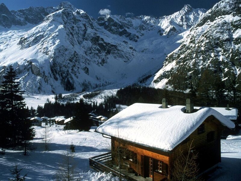Snow-covered Cabin — White, Serene, Winter, Photograph, Mountains, Trees, Village