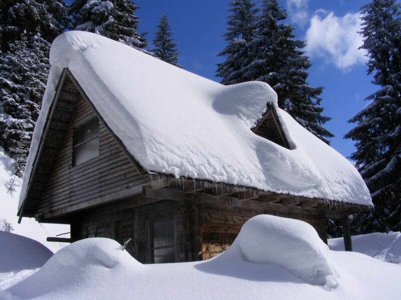 Snow-covered Cabin — White, Serene, Winter, Photograph, Pine Trees