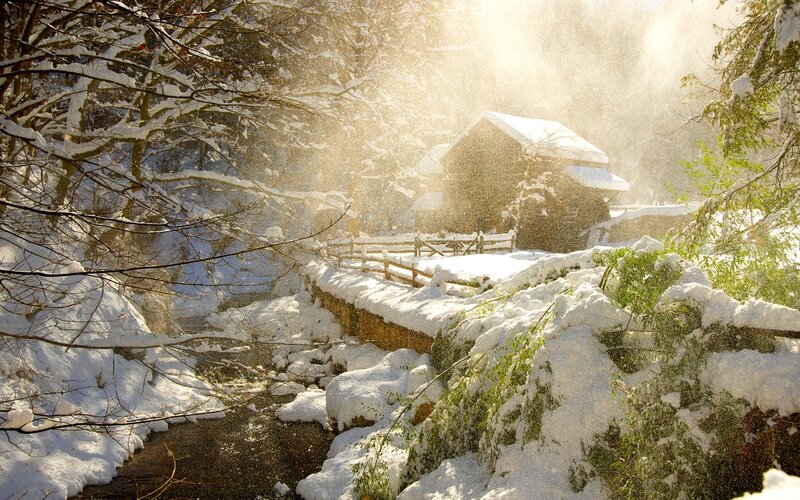Snow-covered Cabin — White, Serene, Winter, Photograph, River