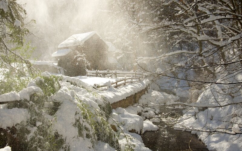 Snow-covered Cabin — White, Serene, Winter, Photograph, River, Trees, Fence