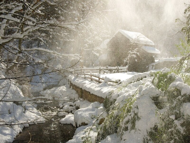Snow-covered Cabin — White, Serene, Winter, Photograph, River, Trees