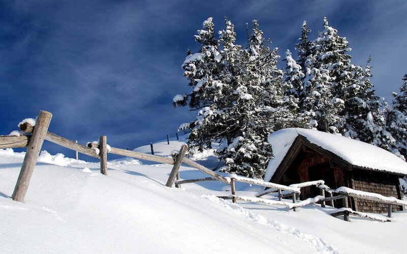 Snow-covered Cabin — White, Serene, Winter, Photograph, Trees, Fence, Mountain