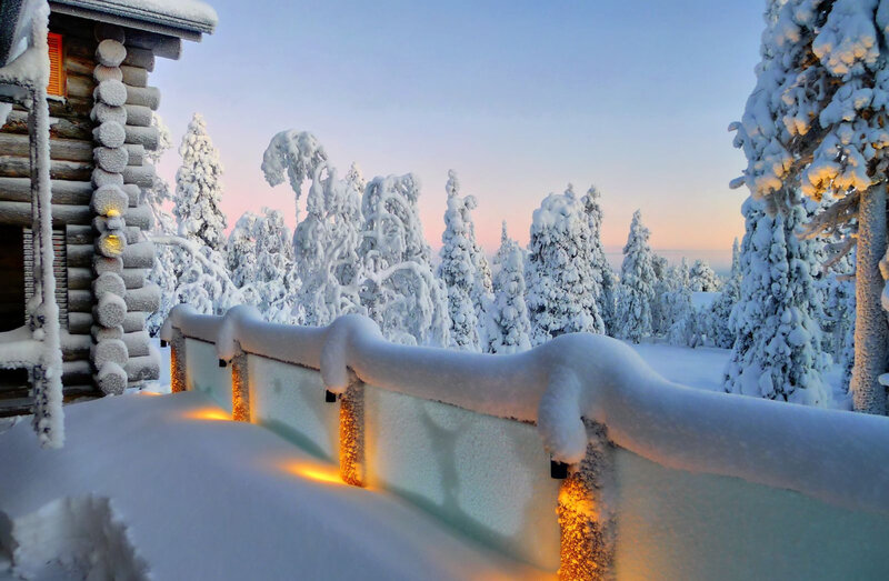 Snow-covered Cabin — White, Serene, Winter, Photograph, Trees, Fence, Sky