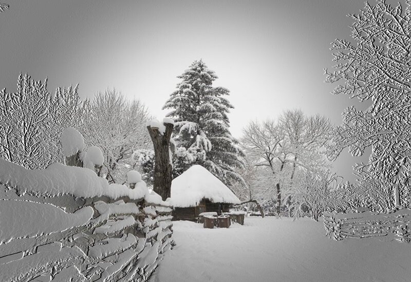 Snow-covered Cabin — White, Serene, Winter, Photograph, Trees, Fence, Snow