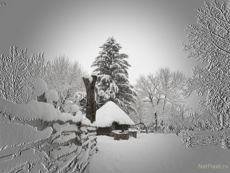Snow-covered Cabin — White, Serene, Winter, Photograph, Trees, Fence