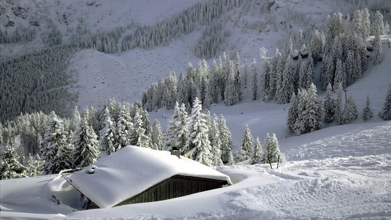 Snow-covered Cabin — White, Serene, Winter, Photograph, Trees, Mountain, Ski Slope