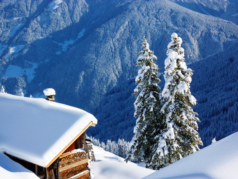 Snow-covered Cabin — White, Serene, Winter, Photograph, Trees, Mountains