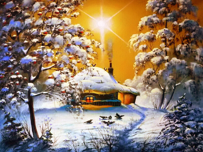 Snow-covered Cabin — Yellow, Peaceful