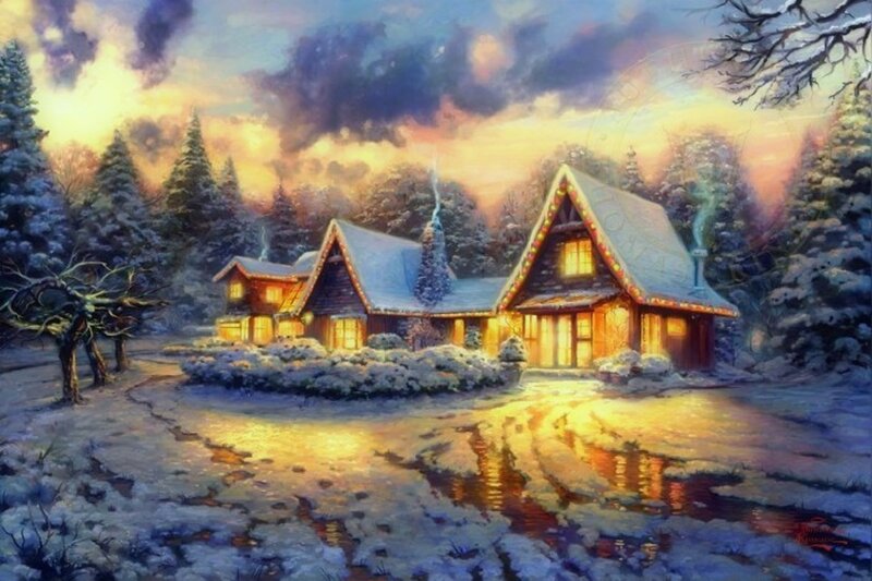 Snow-covered Cabin — Yellow, Peaceful, Winter