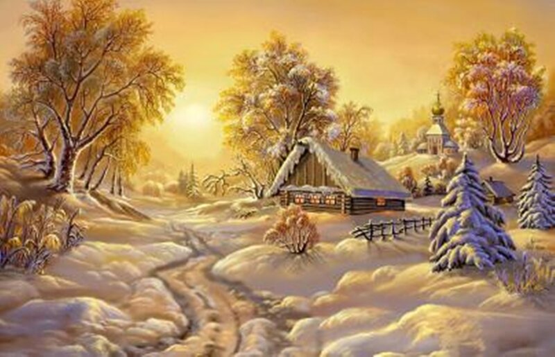 Snow-covered Cabin — Yellow, Serene