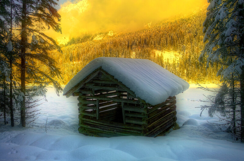 Snow-covered Cabin — Yellow, Serene, Winter, Photograph