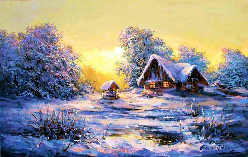 Snow-covered Cabin — Yellow, Serene, Winter
