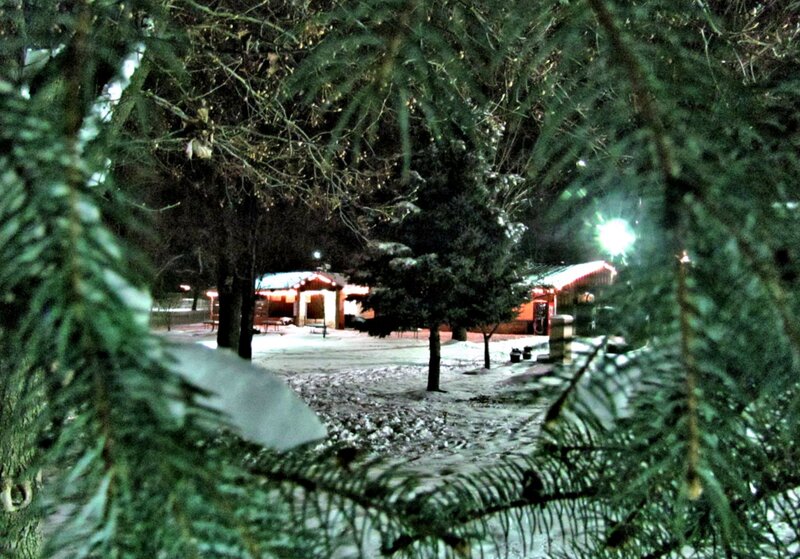 Snow-covered Cabins at Night — Green