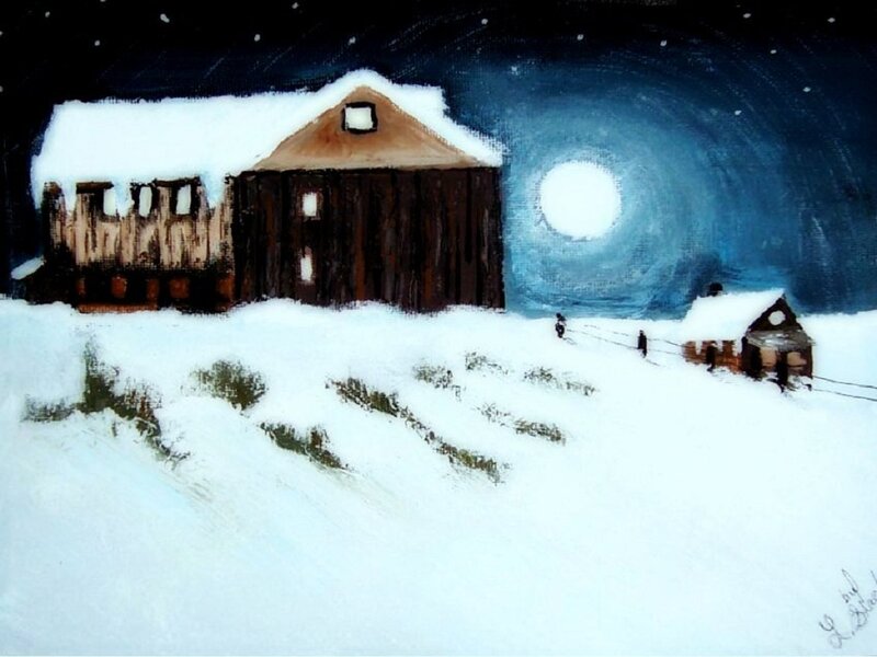 Snow-covered Cabins at Night