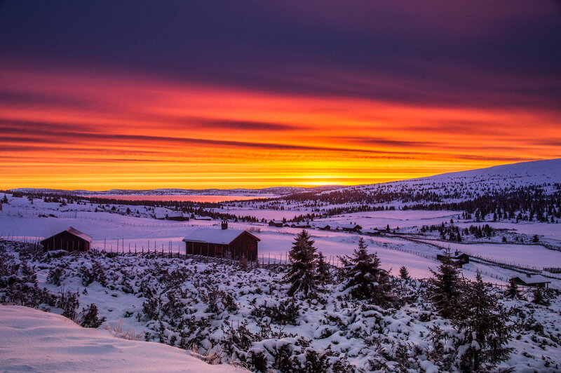 Snow-covered Cabins at Sunset — Red