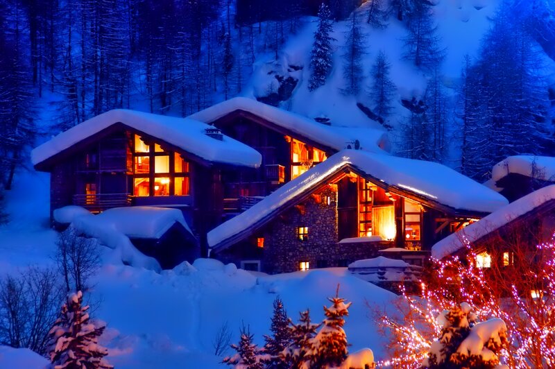 Snow-covered Cabins — Blue, Cozy