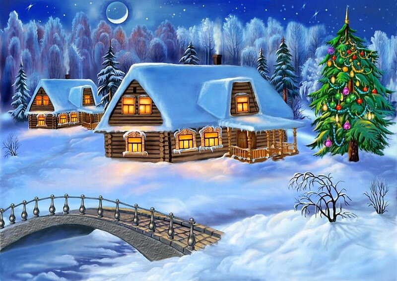 Snow-covered Cabins — Blue, Peaceful