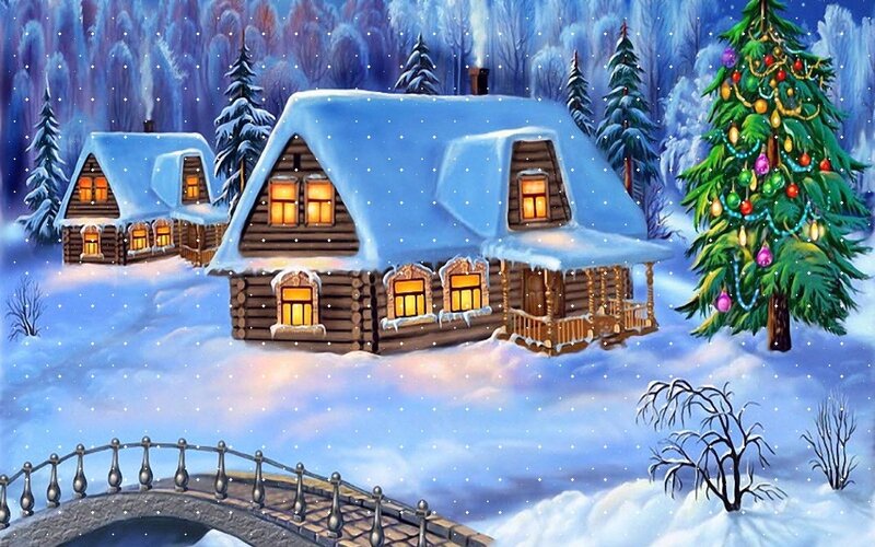 Snow-covered Cabins — Blue, Peaceful, Winter
