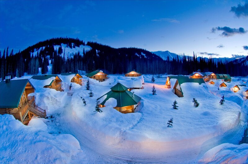 Snow-covered Cabins — Blue, Serene, Night, Photograph, Mountains