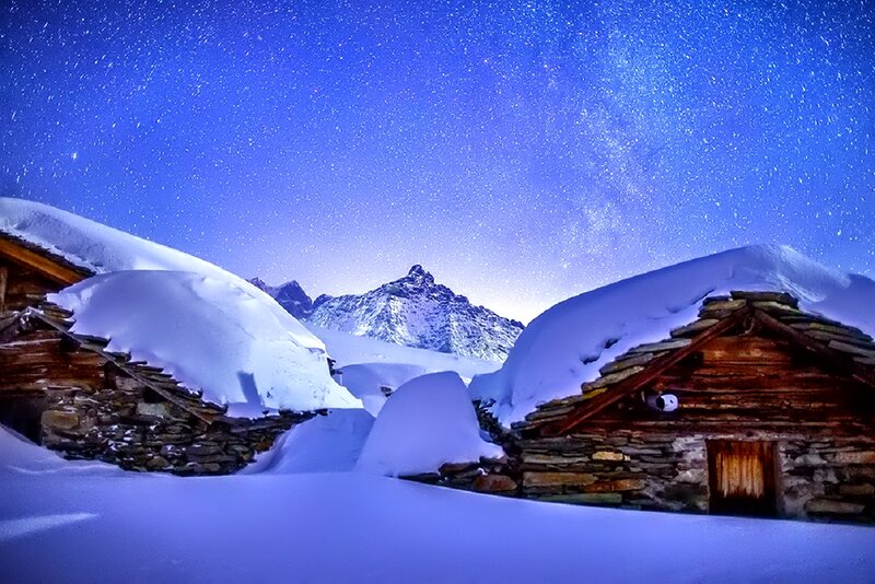 Snow-covered Cabins — Blue, Serene, Night