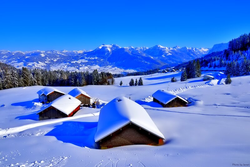 Snow-covered Cabins — Blue, Serene, Winter, Photograph, Mountains