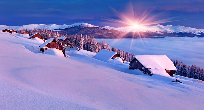 Snow-covered Cabins — Blue, Serene, Winter, Photograph, Mountains, Trees