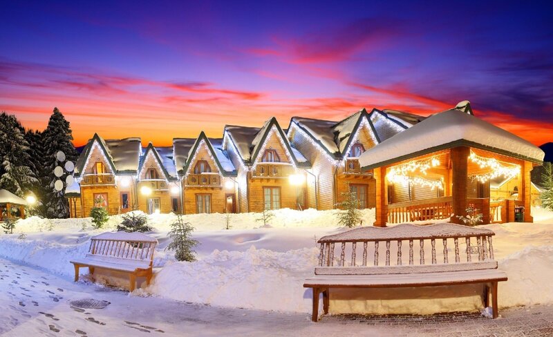 Snow-covered Cabins — Blue, Serene, Winter, Photograph