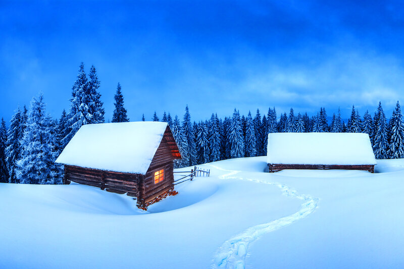 Snow-covered Cabins — Blue, Serene, Winter, Photograph, Trees, Footprints
