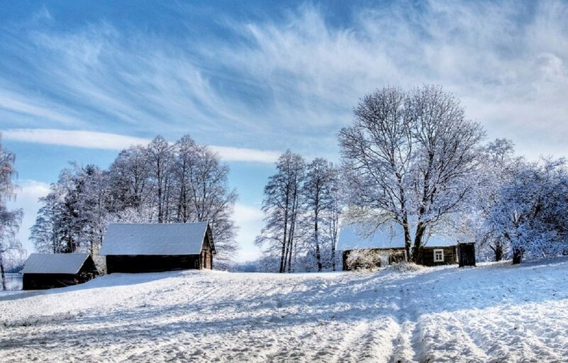 Snow-covered Cabins — Blue, Serene, Winter