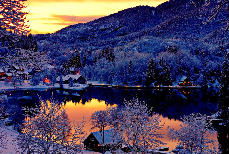 Snow-covered Cabins by Lake — Blue