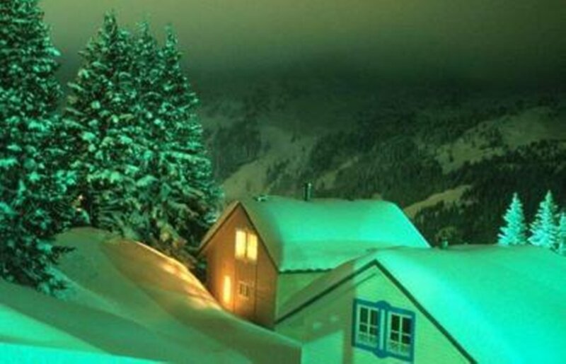 Snow-covered Cabins — Green, Serene