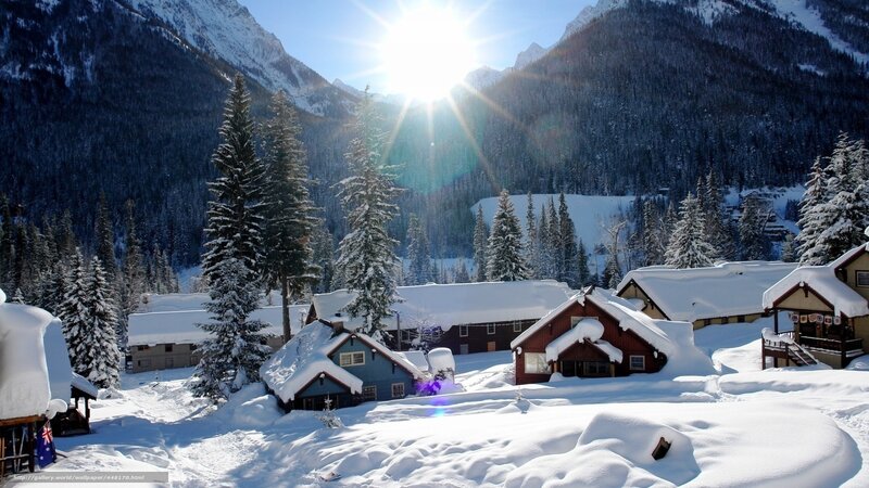 Snow-covered Cabins in Mountains — White, Serene, Winter, Photograph, Trees, Sun