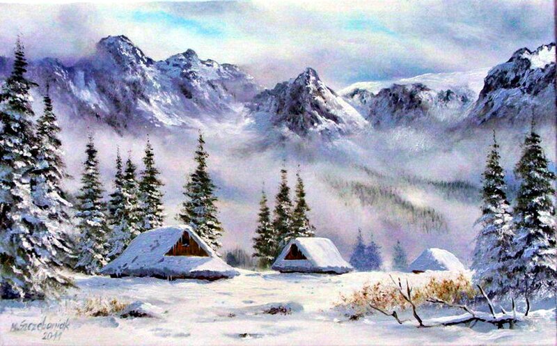 Snow-covered Cabins in Mountains — White, Serene, Winter