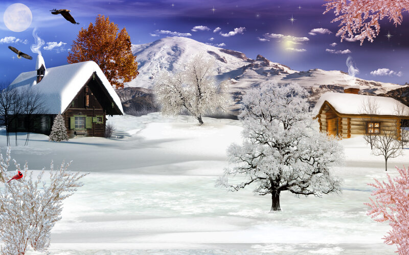 Snow-covered Cabins in Winter — White
