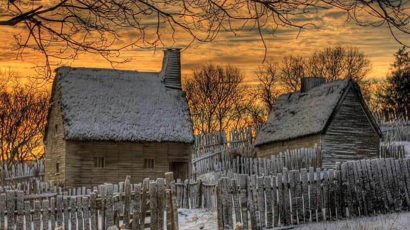 Snow-covered Cabins — Orange, Dramatic, Winter, Photograph, Fences