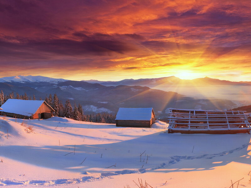 Snow-covered Cabins — Orange, Dramatic, Winter, Photograph, Mountains