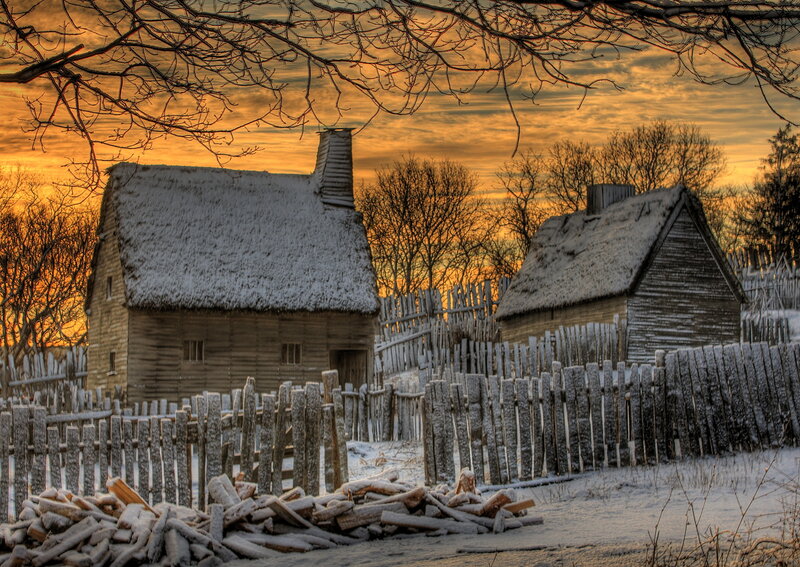 Snow-covered Cabins — Orange, Dramatic, Winter, Photograph
