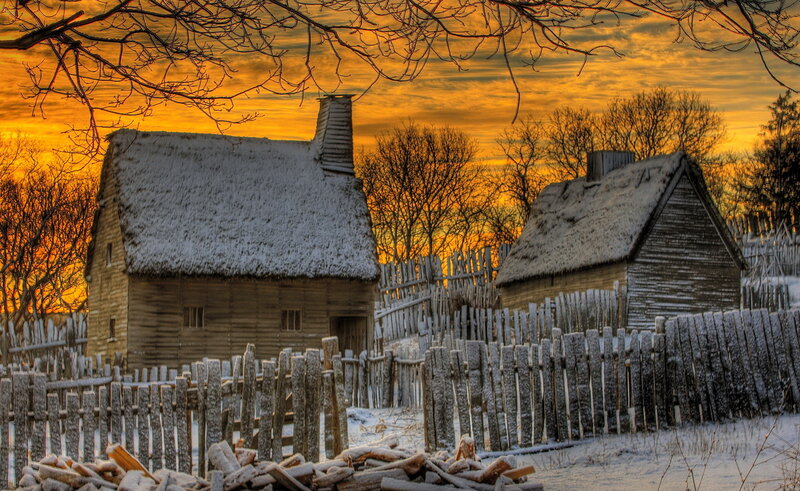 Snow-covered Cabins — Orange, Dramatic, Winter