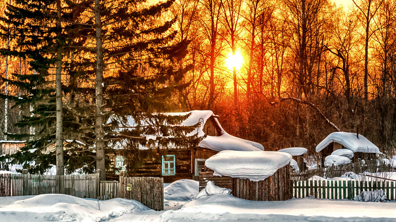 Snow-covered Cabins — Orange, Serene, Sunset