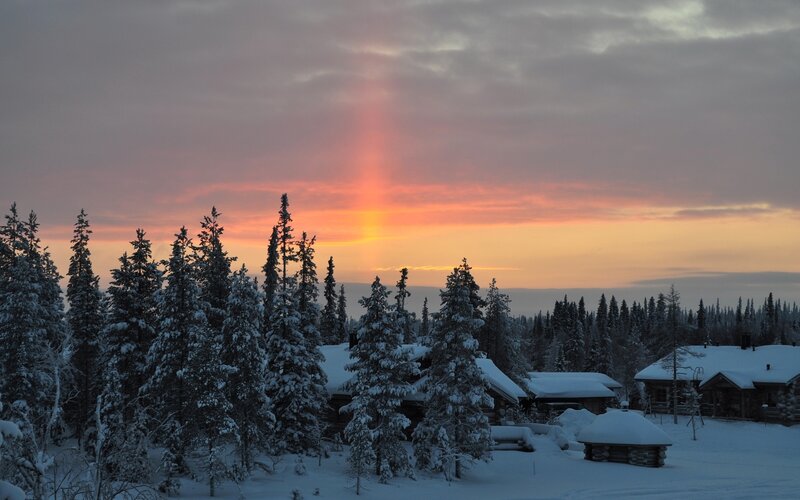 Snow-covered Cabins — Orange, Serene, Winter