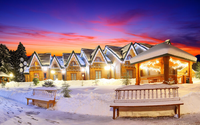 Snow-covered Cabins — Purple, Serene