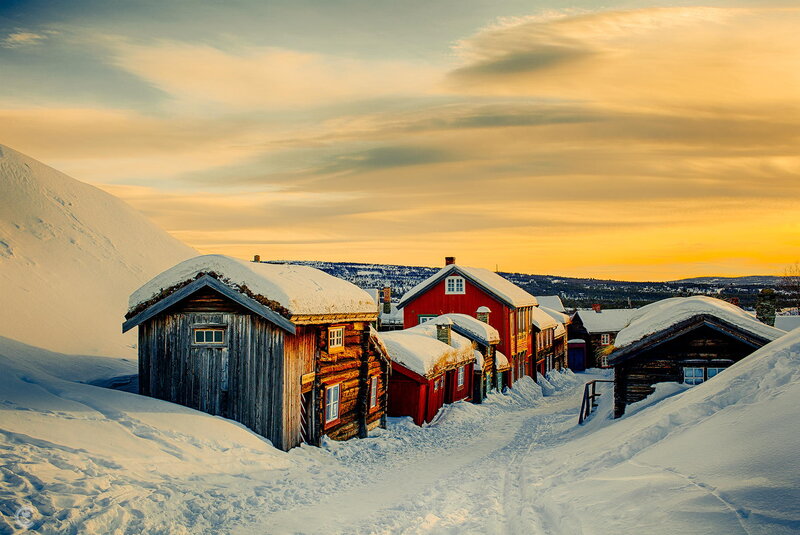 Snow-covered Cabins — Red, Serene