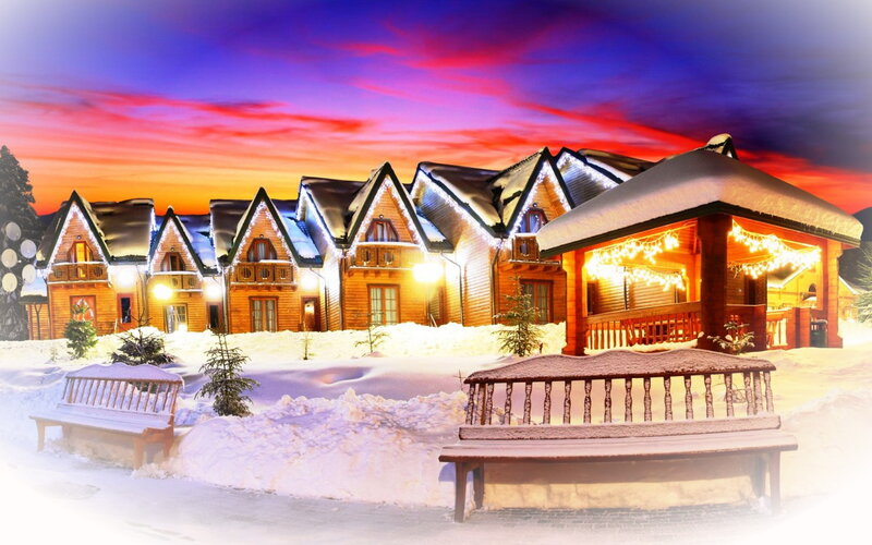 Snow-covered Cabins — Red