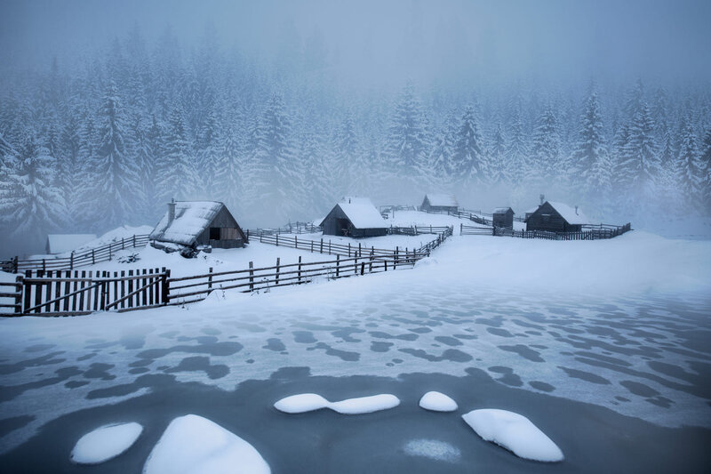 Snow-covered Cabins — White, Cold, Winter