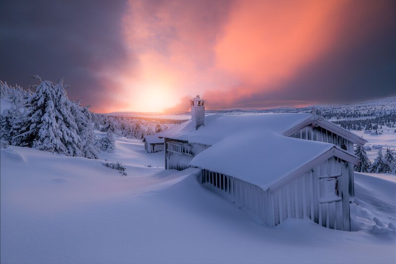 Snow-covered Cabins — White, Dramatic, Sunset