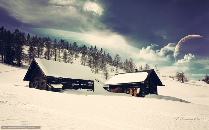 Snow-covered Cabins — White, Dramatic, Winter, Digital Art
