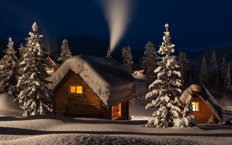 Snow-covered Cabins — White, Serene, Night, Photograph