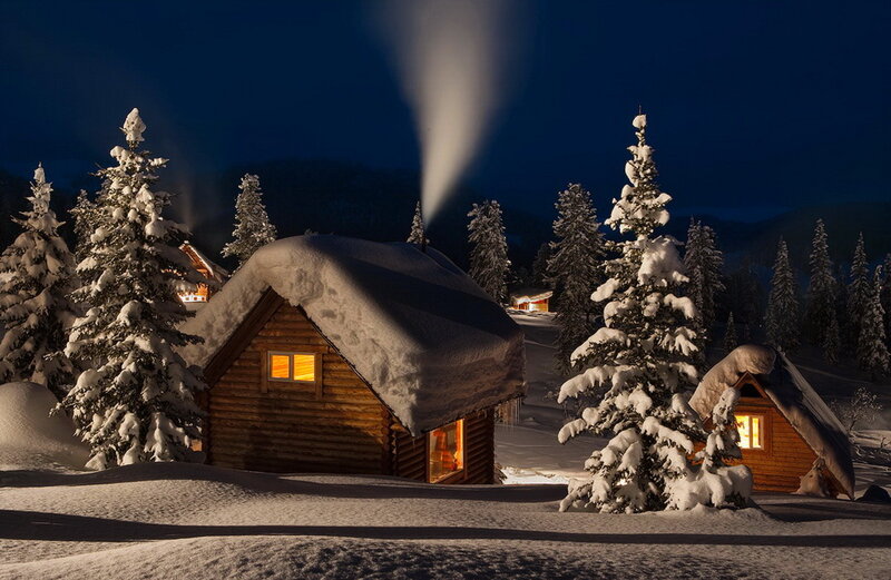 Snow-covered Cabins — White, Serene, Night